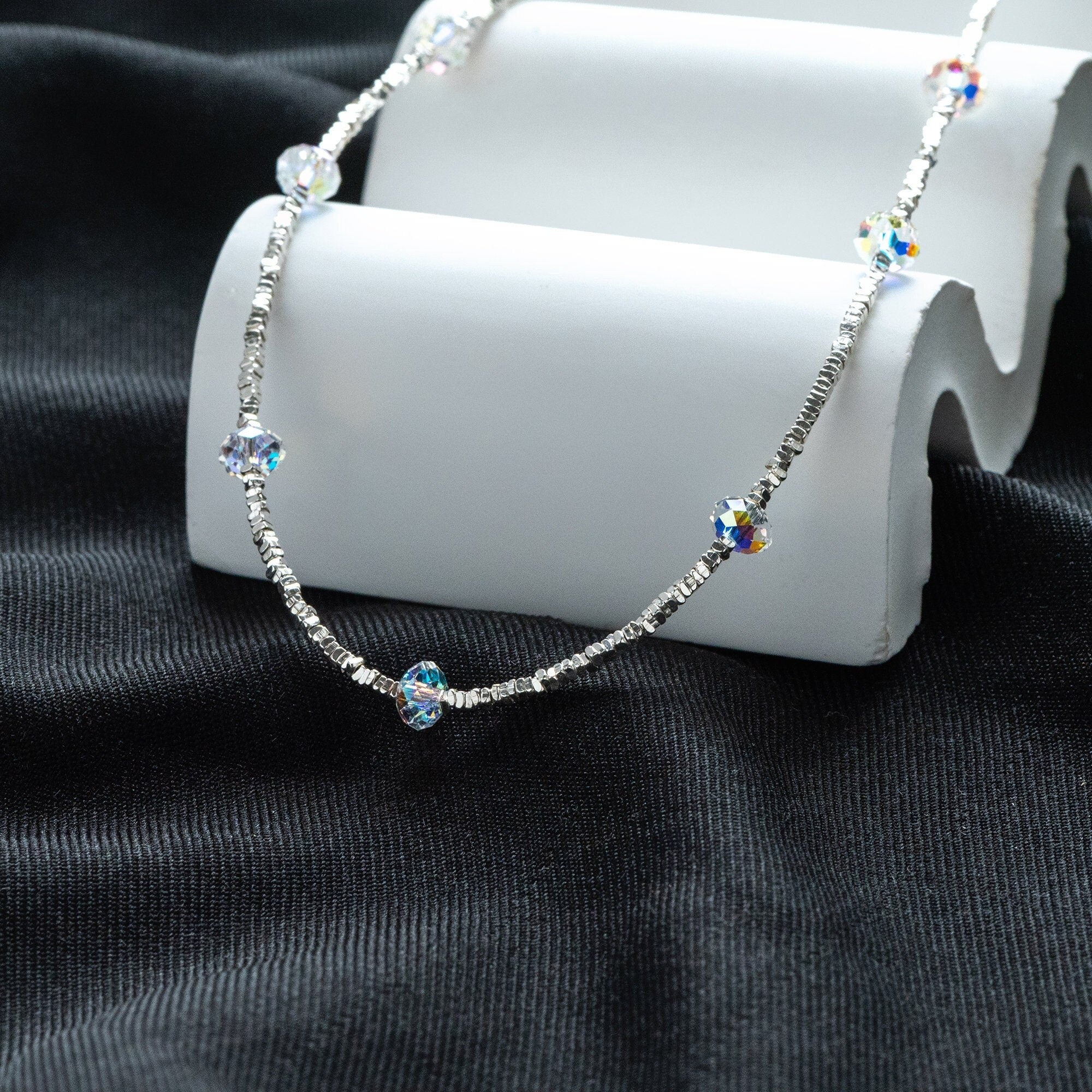 Sterling Silver Square Beaded Necklaces, 1.6mm Silver Bead Chain with 6mm Rondelle Crystal, Ready to Wear (CY-054)